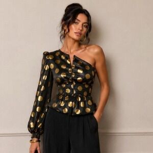 Reveuse Womens One Shoulder Peplum Top Black Gold Polka Dot Small‎ NWT